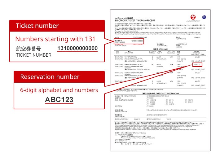 Ticket number Numbers starting with 131 Reservation number 6-digit alphabet and numbers