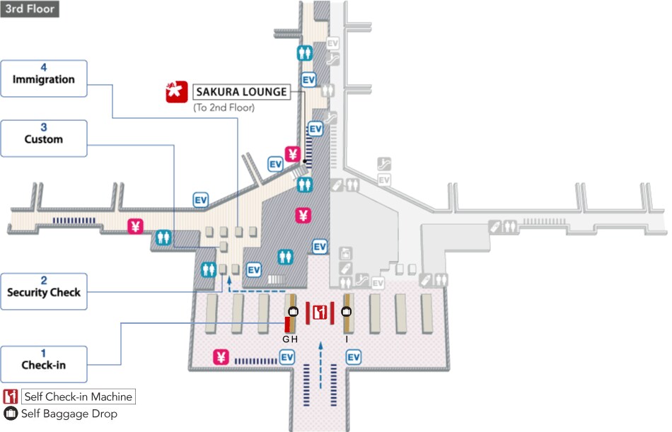 At the 3rd floor Departure area, there are check-in counters, airport information counters, currency exchange offices and elevators. Once you pass through security, customs and immigration control, there are toilets, currency exchange offices, elevators and stairs/escalators to Sakura Lounge on the2nd floor.