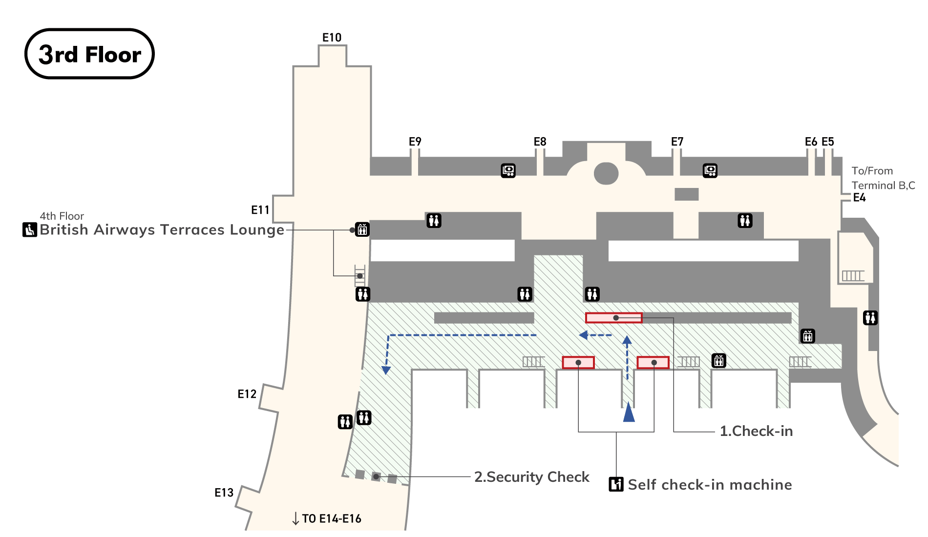 On the 3rd floor, there are elevators, stairs, escalators, check-in counters, self check-in machine, toilets (wheelchair accessible) , currency exchange offices and security.