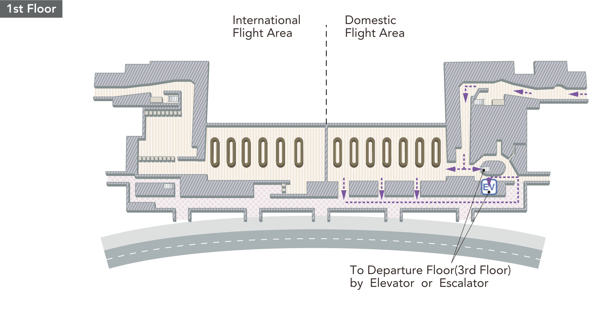 At the 1st floor, there are elevators and escalators.