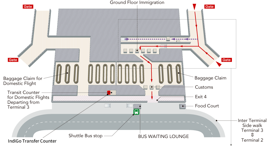 At Terminal 3, there are stairs/elevators, zero-floor immigration screening, baggage claim, Domestic Flights baggage claim area and customs.