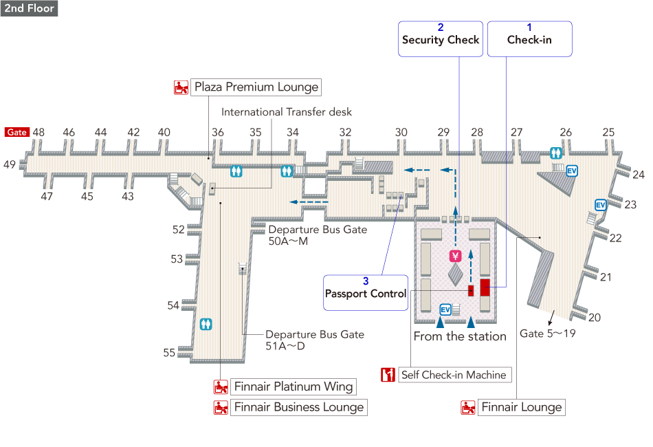 At the 2nd floor Departure area, there are check-in counters, Self Check-in Machine, elevators, currency exchange offices, toilets. Once you pass through security, there are currency exchange offices, elevators, toilets, Finnair Lounge and Tax Refund. After passing through  immigration control and Auto gates for Japanese nationality holders, there are transit counters, toilets, Finnair Platinum Wing and Finnair Business Lounge (Under renovation).