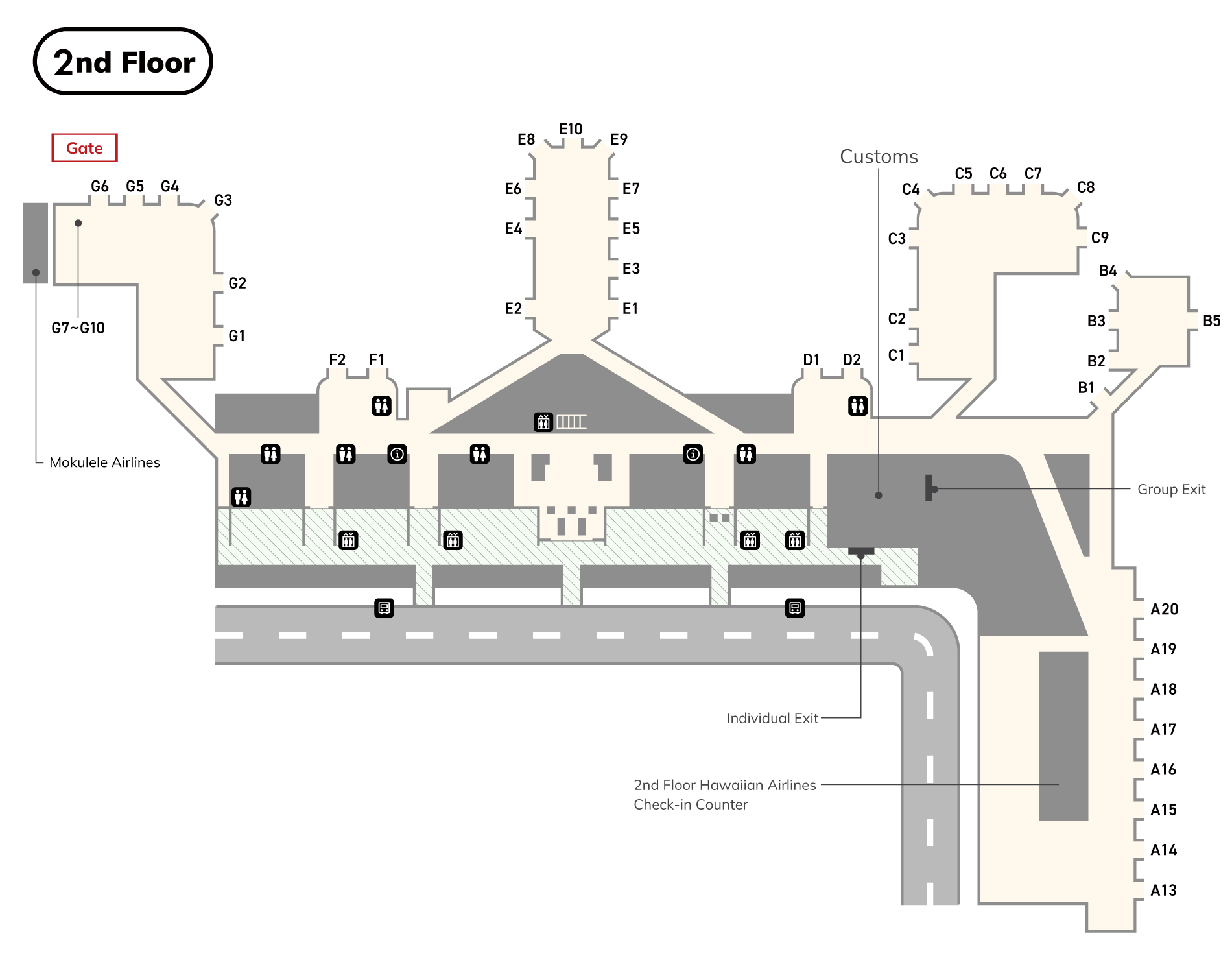 There are toilets (wheelchair accessible), currency exchange offices, elevators, customs, group exits, and private exits. On the 2nd floor there are check-in counters for Hawaiian Airlines. The check-in counter on Mokulele Airlines is at Terminal 3.Buses can be found outside.