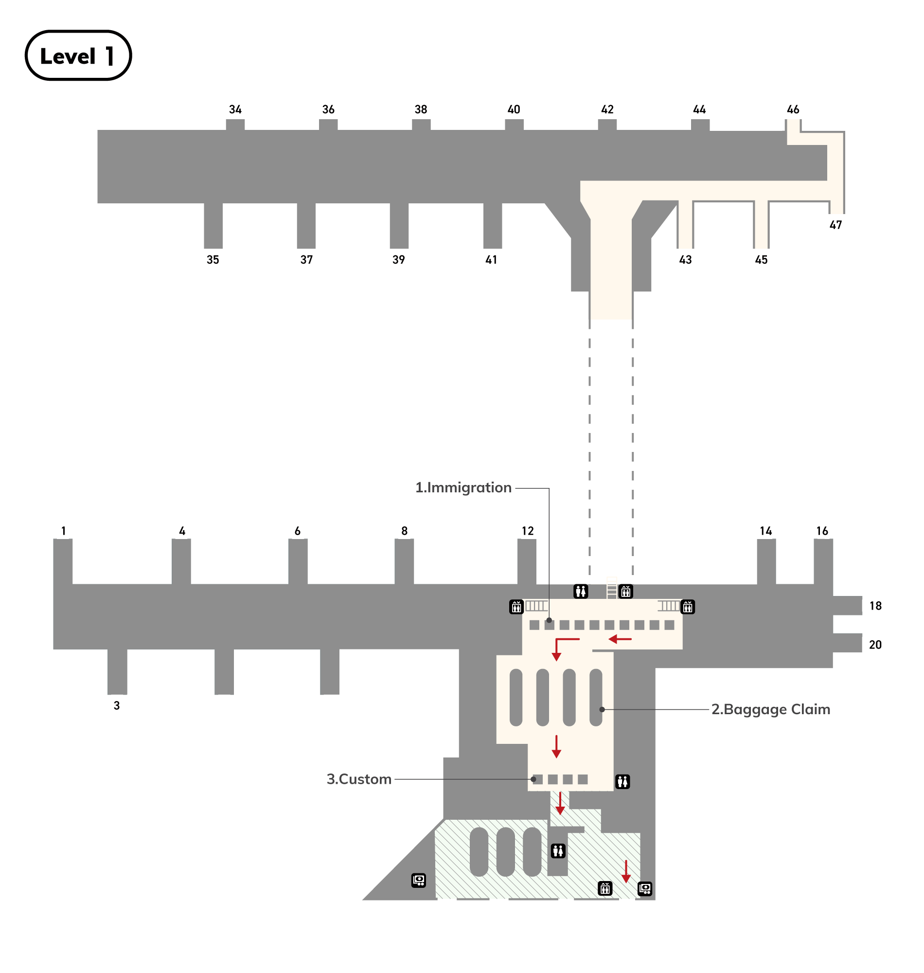 In the immigration control area of Terminal 8, there is immigration control and toilets (wheelchair accessible), at the baggage claim area, there is transit counters, and Once you pass through customs, there are toilets (wheelchair accessible), airport information counters, currency exchange offices, elevators, and exits to outside.