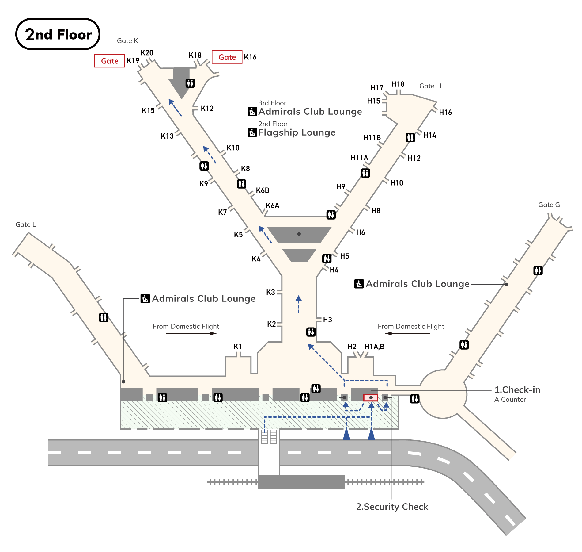 On the 2nd floor, there are elevators, check-in counters, A counters, and toilets (wheelchair accessible), and Once you pass through security, there is the Admirals Club Lounge, Flagship Lounge, and toilets (wheelchair accessible).