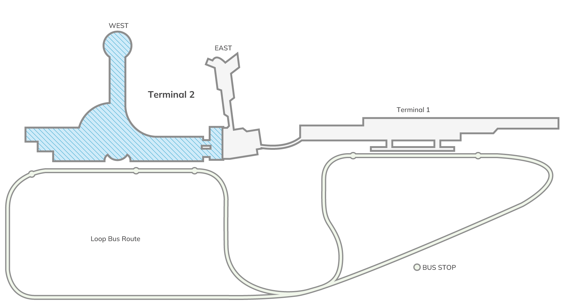 There is Terminal 2 West, Terminal 2 East, and Terminal 1, and you can transfer between terminals via the bus, which circles between these terminals.