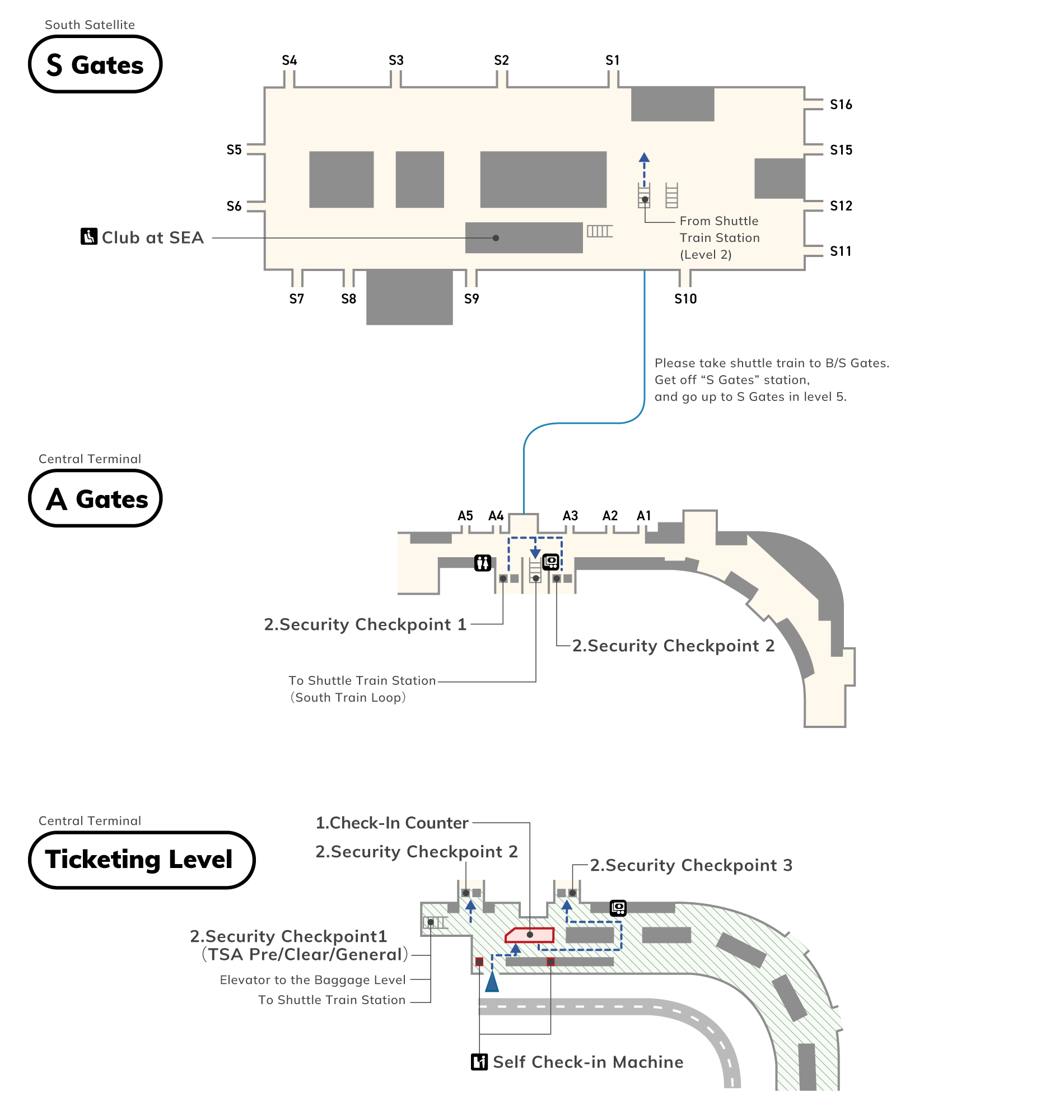 Central Terminal Ticketing Lebel has a check-in counter and a currency exchange office. After passing TSAPRE Security Checkpoint 1 or Security Checkpoint 2, you will find a currency exchange office, a toilet, a shuttle train platform (South Train Loop), a toilet, and a British Airways / Terraces Lounge, Club at SEA.