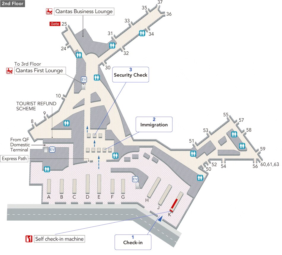 On the 2nd floor, there are self-check-in machines, check-in counters, toilets (wheelchair accessible), stairs and escalators from the 1st floor, and Once you pass through security, there is the Aspire Lounge.