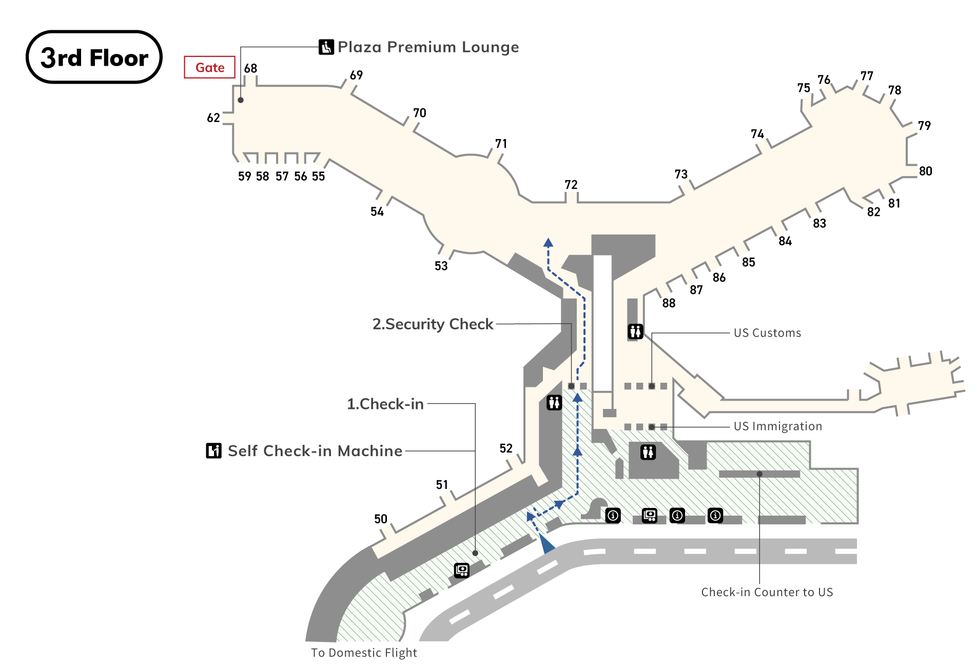 In the 3rd floor boarding area, there are self-check-in machines, check-in counters, check-in counters for flights to the United States, toilets (wheelchair accessible), an airport information counters, currency exchange offices. security check, Plaza Premium Lounge. At the U.S. immigration control area, there are stairs and escalators, and Once you pass through U.S. customs, there are toilets (wheelchair accessible).