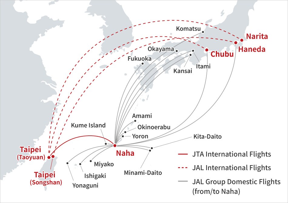 JTA International Flights operate on the Naha–Taipei (Taoyuan) route. JAL International Flights operate on the Narita–Taipei (Taoyuan), Haneda–Taipei (Taoyuan), and Chubu–Taipei (Songshan) routes. JAL Group Domestic Flights (from/to Naha) operate on Naha–Haneda, Chubu, Komatsu, Itami, Kansai, Okayama, Fukuoka, Amami, Okinoerabu, Yoron, Kita-Daito, Minami-Daito, Kume Island, Miyako, Ishigaki, and Yonaguni route.