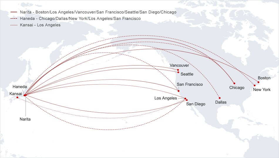 Operated on Narita-Boston, Los Angeles, Vancouver, San Francisco, Seattle, San Diego, Chicago. Haneda-Chicago, Dallas, New York, Los Angeles, San Francisco. Kansai-Los Angeles.
