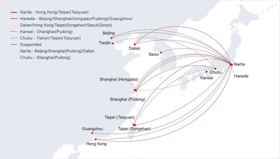 Operated on Narita-Hong Kong, Taipei (Taoyuan). Haneda-Beijing, Shanghai (Hongqiao/Pudong), Guangzhou, Dalian, Hong Kong, Taipei (Songshan), Seoul (Gimpo). Kansai-Shanghai (Pudong). Chubu-Tianjin, Taipei (Songshan). Suspended on Narita-Beijing, Shanghai (Pudong), Dalian. Chubu-Shanghai (Pudong)
