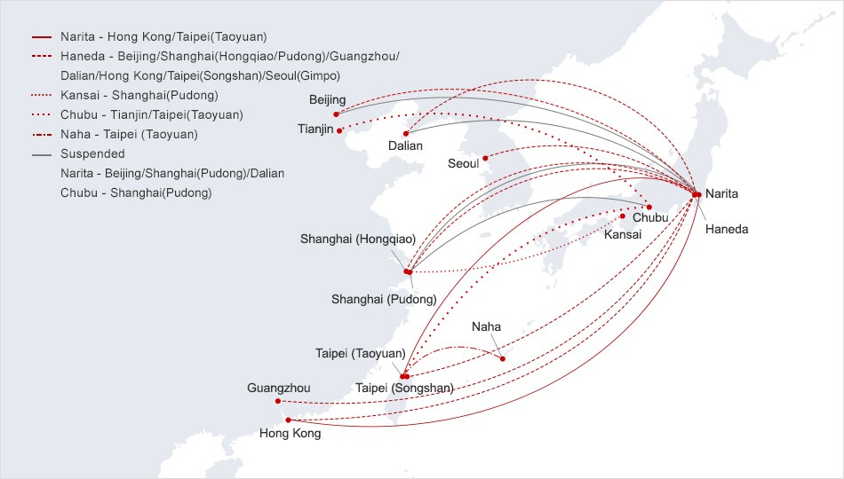 Operated on Narita-Hong Kong, Taipei (Taoyuan). Haneda-Beijing, Shanghai (Hongqiao/Pudong), Guangzhou, Dalian, Hong Kong, Taipei (Songshan), Seoul (Gimpo). Kansai-Shanghai (Pudong). Chubu-Tianjin, Taipei (Songshan), Naha-Taipei (Taoyuan). Suspended on Narita-Beijing, Shanghai (Pudong), Dalian. Chubu-Shanghai (Pudong)