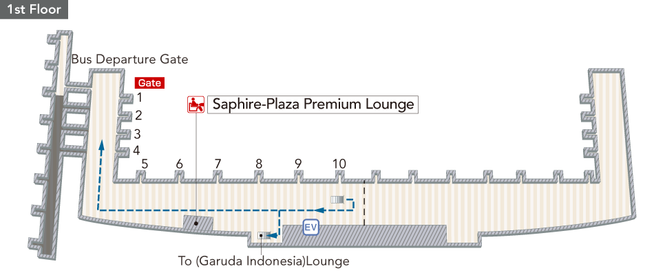 At the 1st floor, there are elevators, Saphire-Plaza Premium Lounge, busstops.