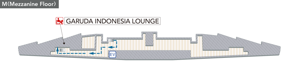 At the M (Mezzanine floor), there are elevators, GARUDA INDONESIA LOUNGE, escalator to the 1st floor.