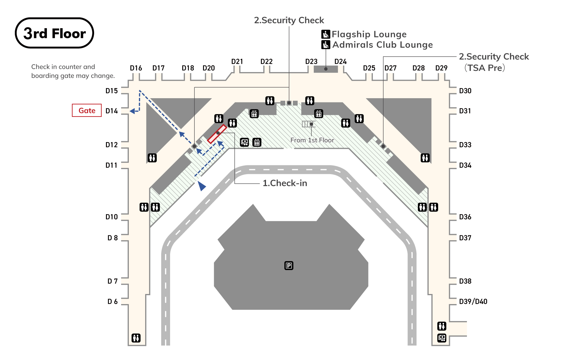 On the 3rd floor, there are check-in counters, toilets (wheelchair accessible), elevators, ATMs, Carry E-Z arrivals exit, and stairs and escalators from the 1st floor, and Once you pass through security, there are toilets (wheelchair accessible), airline clubs, and currency exchange offices.