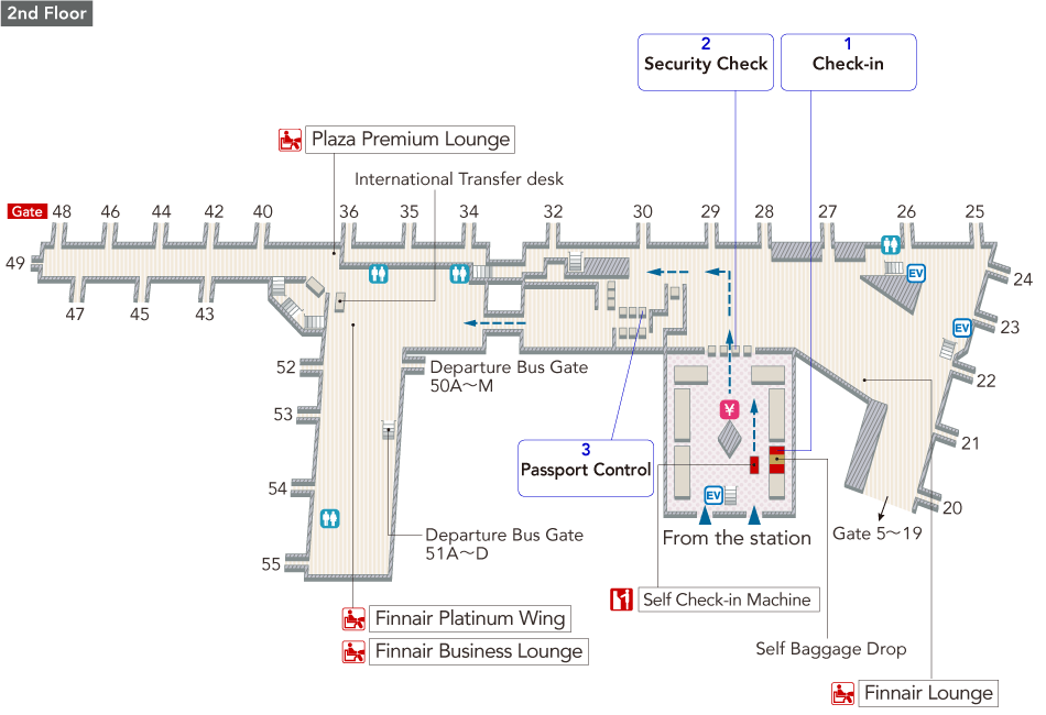 At the 2nd floor Departure area, there are check-in counters, Self Check-in Machine, Self Baggage Drop, elevators, currency exchange offices, toilets. Once you pass through security, there are currency exchange offices, elevators, toilets, Finnair Lounge and Tax Refund. After passing through immigration control and Auto gates for Japanese nationality holders, there are transit counters, toilets, Finnair Platinum Wing and Finnair Business Lounge (Under renovation).