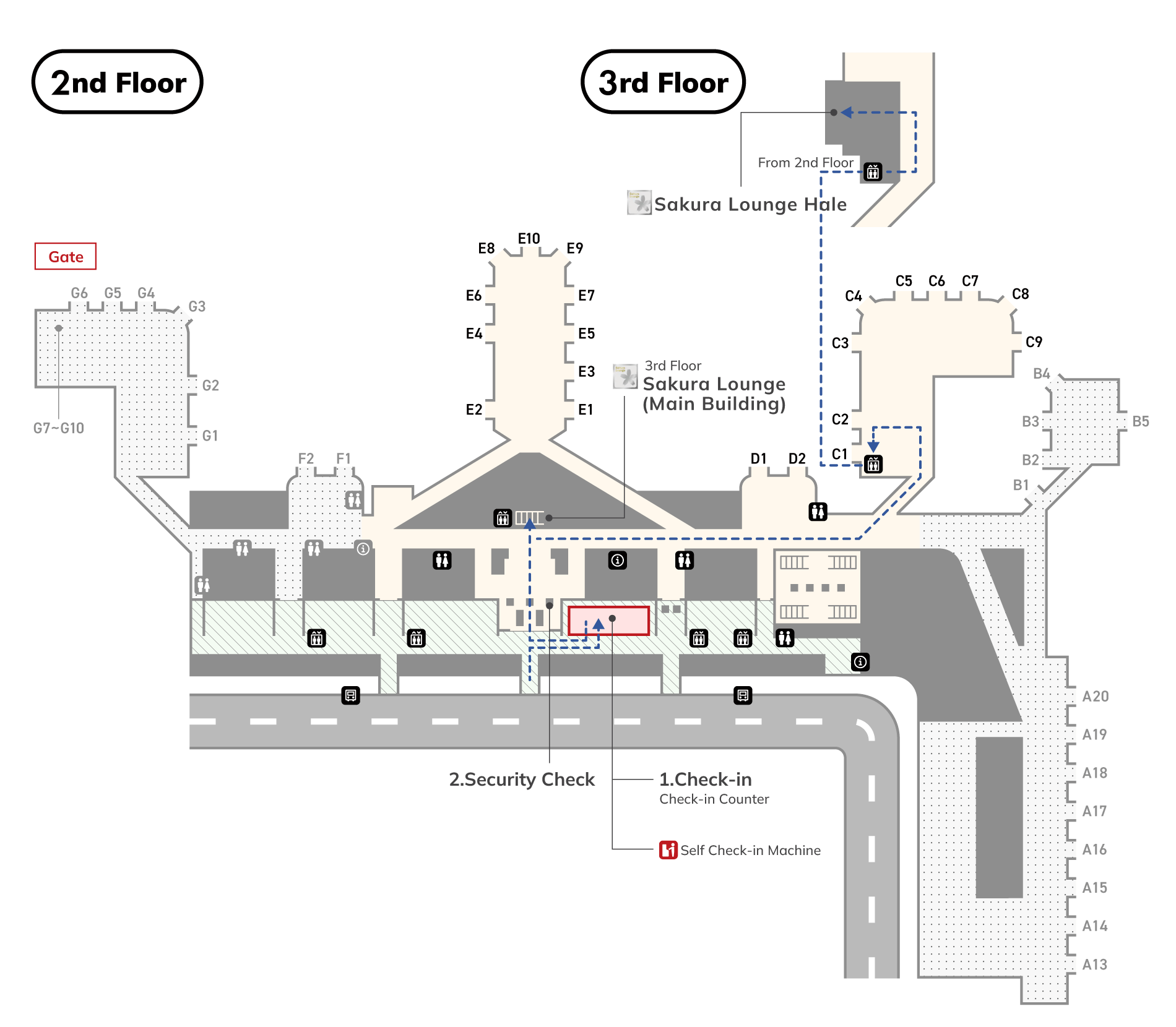 At Terminal 1, there are elevators, check-in counters, E and F counters, and toilets (wheelchair accessible), and Once you pass through security, there are currency exchange offices and the Air France lounge.