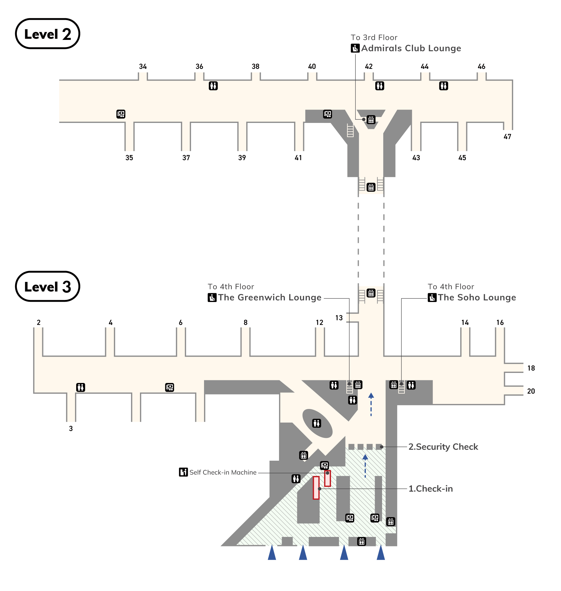 At Terminal 8, there are elevators, check-in counters, and toilets (wheelchair accessible), and Once you pass through security, there are currency exchange offices, The Soho Lounge, The Greenwich Lounge and Admirals Club Lounge.