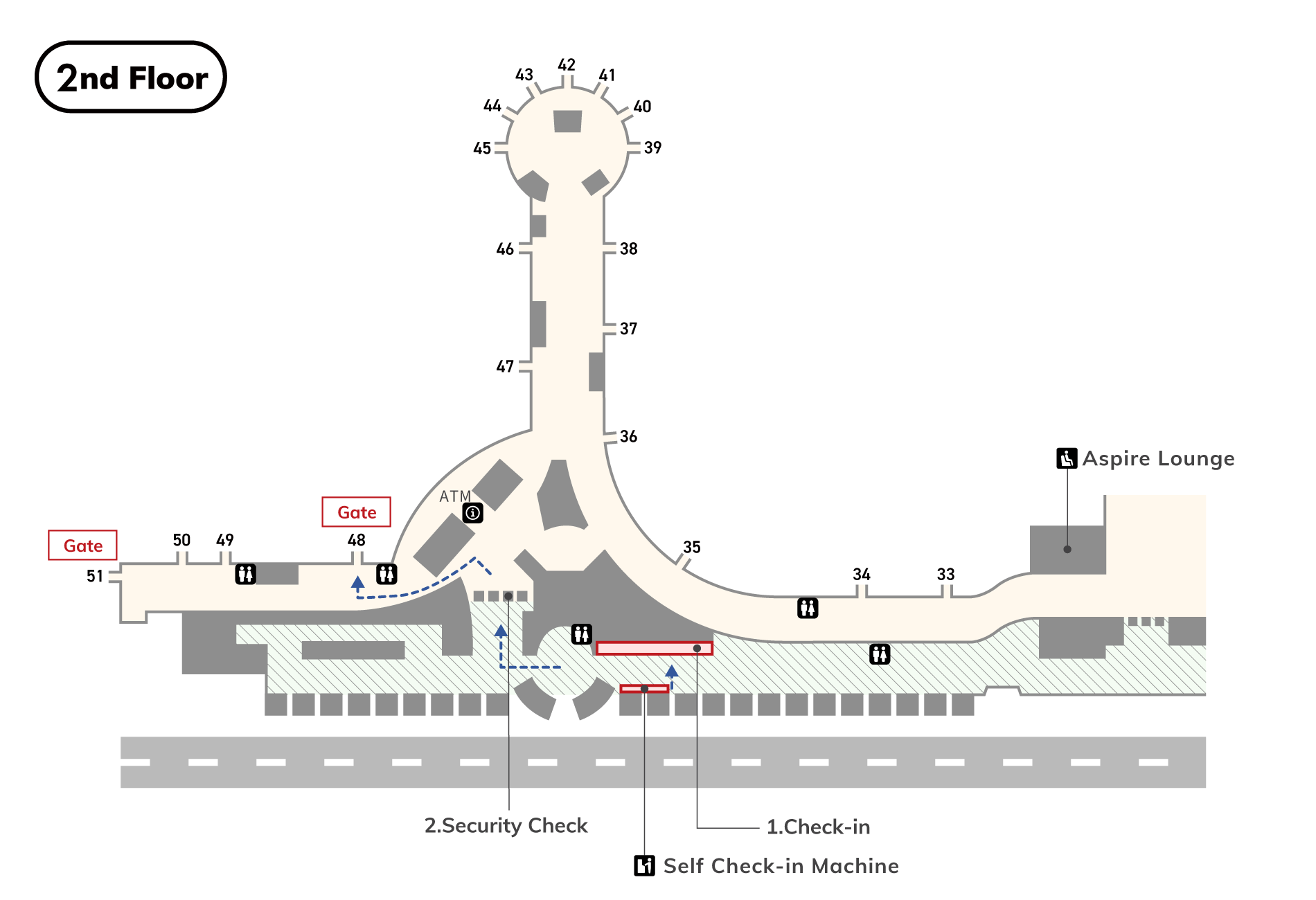 On the 2nd floor, there are check-in counters, toilets (wheelchair accessible), stairs and escalators from the 1st floor, and Once you pass through security, there is the Aspire Lounge.