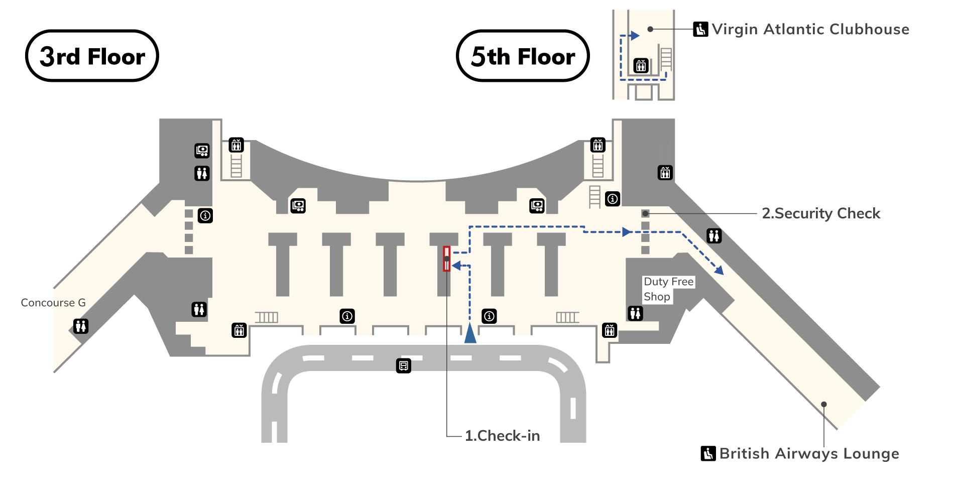 In the departures lobby on the 3rd floor, there is the Check-in, Security Check, an airport information counters, and currency exchange offices. Once you pass through Check-in and Security Check, there is the British Airways Lounge and toilets (wheelchair accessible).On the 5th floor, there is the Virgin Atlantic Clubhouse.