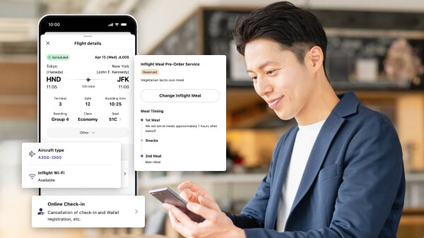 Mockup image of the Flight details screen on the JAL app