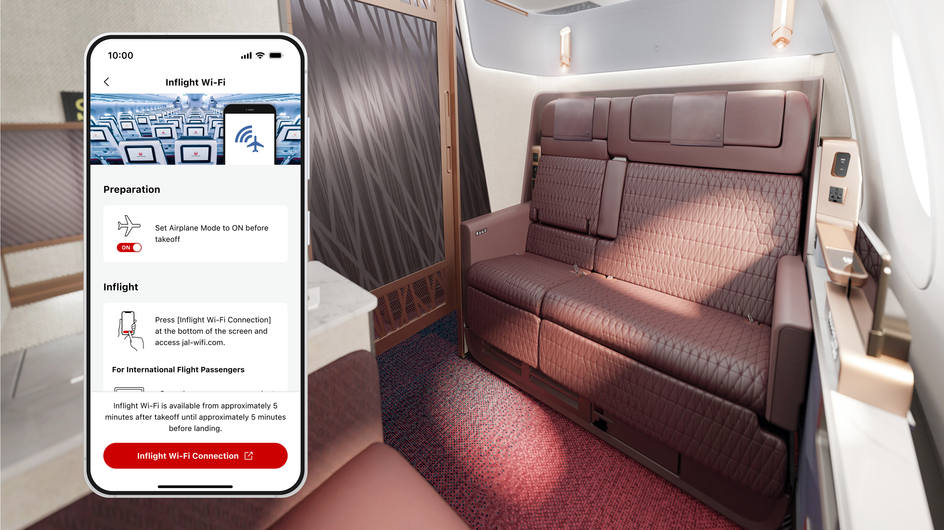 Mockup image of the Inflight Wi-Fi connection interface on the JAL app