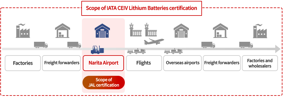 Scope of IATA CEIV Lithium Batteries certification : Factories→Freight forwarders→Narita Airport(Scope of JAL certification)→Flights→Overseas airports→Freight forwarders→Factories and wholesalers