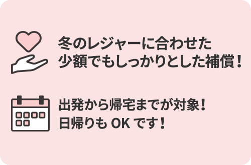 冬のレジャーに合わせた少額でもしっかりとした補償！出発から帰宅までが対象！日帰りもOKです！