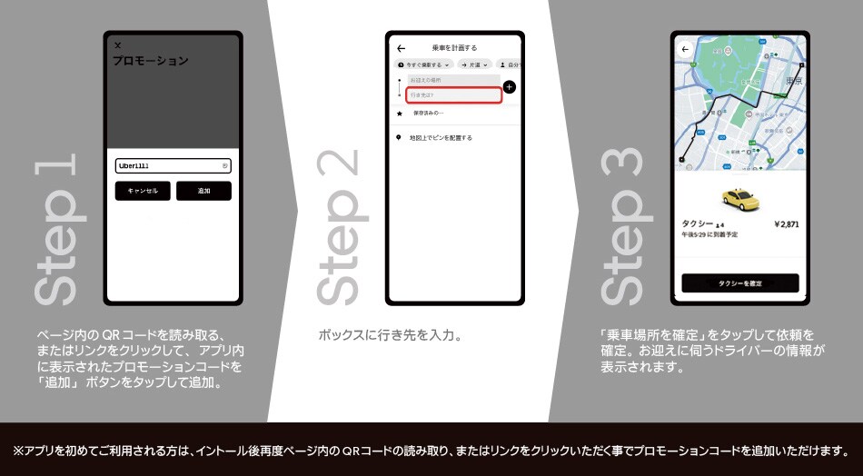 STEP1 ページ内の2次元バーコードを読み取る、またはリンクをクリックして、アプリ内に表示されたプロモーションコードを「追加」ボタンをタップして追加。 STEP2 ボックスに行き先を入力。 STEP3 「乗車場所を確定」をタップして依頼を確定。お迎えに伺うドライバーの情報が表示されます。　※アプリを初めて利用される方は、インストール後再度ページ内の2次元バーコードの読み取り、またはリンクをクリックいただくことでプロモーションコードを追加いただけます。