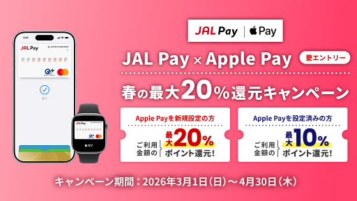JAL PayｘApple Pay春の最大20％還元キャンペーン 要エントリー Apple Payを新規設定の方は、ご利用金額の最大20％ポイント還元！Apple Payを設定済みの方は、ご利用金額の最大10％ポイント還元！キャンペーン期間2026年3月1日日曜日～4月30日木曜日　要エントリー