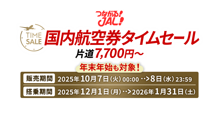 つながる JAL 国内航空券タイムセール 片道7,700円から　年末年始も対象　販売期間 2025年10月7日火曜日0時0分から8日水曜日23時59分　搭乗期間 2025年12月1日月曜日から2026年1月31日土曜日