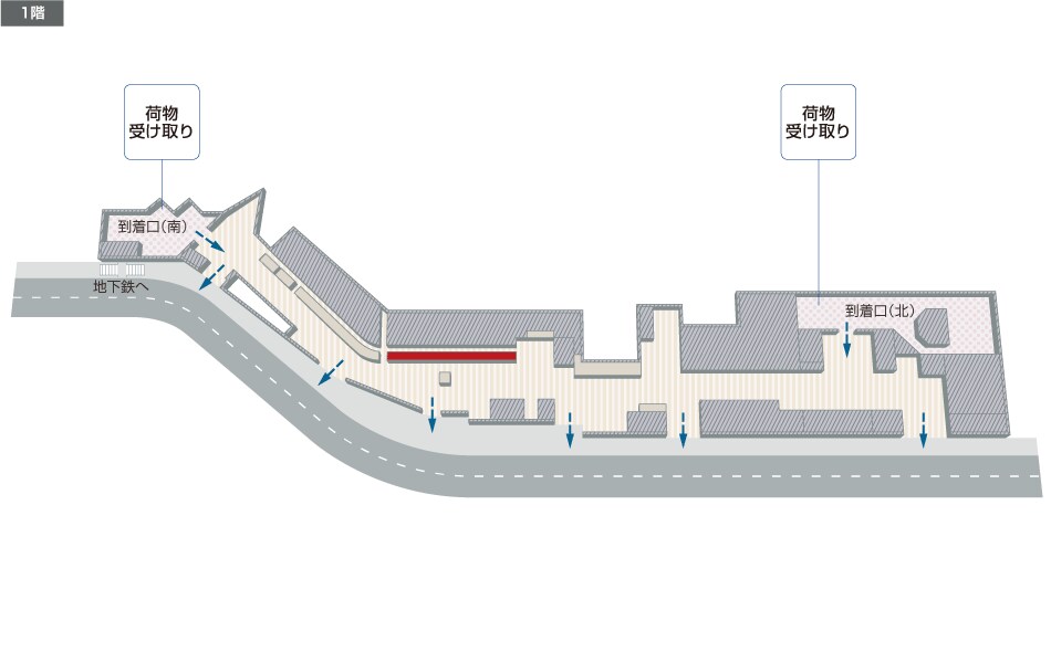 1階荷物受け取りエリアには到着口（南）と到着口（北）があります。