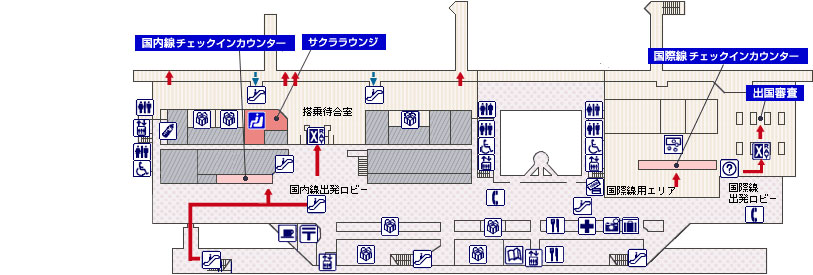 国内線出発ロビーには、国内線チェックインカウンター、郵便局、喫茶、ショップ、書店、レストラン、薬店、手荷物一時預かり、ATM、トイレ、車椅子対応トイレ、授乳室、電話、エレベーター、エスカレーター、階段、セキュリティチェックがあります。搭乗待合室には、サクララウンジ、ショップ、トイレ、エスカレーターがあります。国際線出発ロビーには案内所、電話があります。国際線用エリアには国際線チェックインカウンター、出国審査があります。