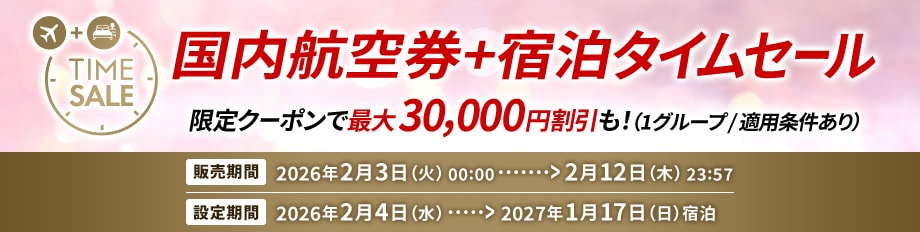 限定クーポンで最大30,000円割引。国内航空券＋宿泊タイムセールの詳細ページへ。