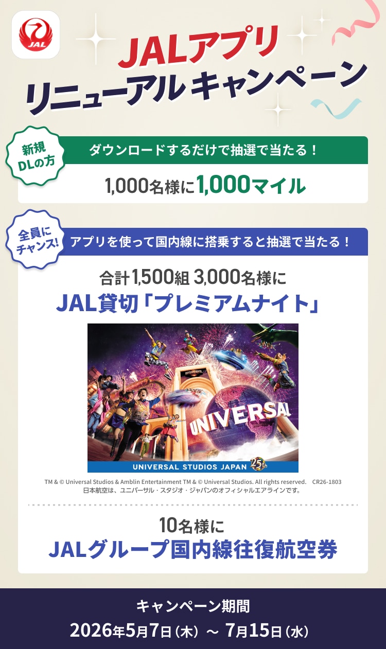 JALアプリリニューアルキャンペーン 新規ダウンロードの方 ダウンロードするだけで抽選で当たる！1,000名様に1,000マイル 全員にチャンス！ アプリを使って国内線に搭乗すると抽選で当たる！ 合計1,500組 3,000名様にJAL貸切「プレミアムナイト」 10名様にJALグループ国内線往復航空券 TM &amp; © Universal Studios &amp; Amblin Entertainment TM &amp; © Universal Studios. All rights reserved. CR26-1803 日本航空は、ユニバーサル・スタジオ・ジャパンのオフィシャルエアラインです。 キャンペーン期間：2026年5月7日木曜日から7月15日水曜日まで