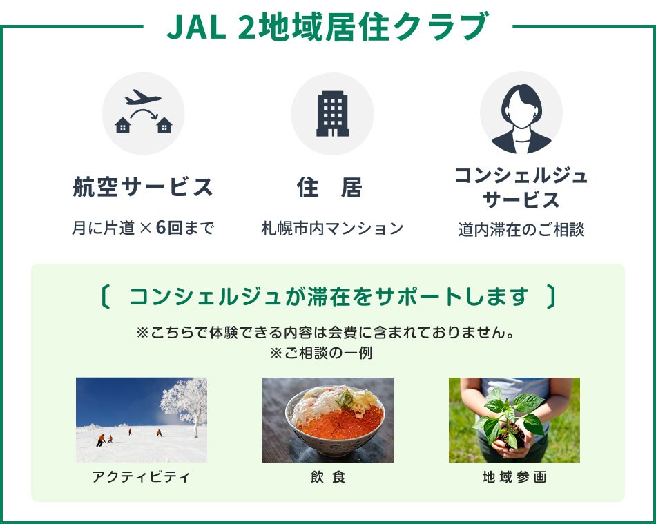 JAL 2地域居住クラブでは、月に片道6回までの航空サービス、札幌市内のマンションの住居、道内滞在のご相談ができるコンシェルジュサービスがあります。コンシェルジュは、ご相談の一例とししてアクティビティ、飲食・道内旅行、地域参画などの手配やご相談のサポートをします。アクティビティ、飲食、地域参画などの体験できる内容は会費に含まれておりません。