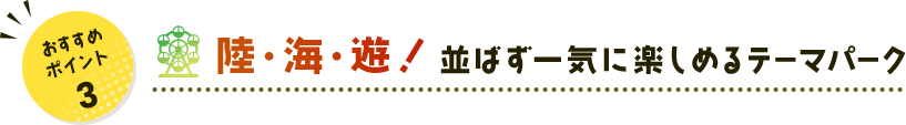 おすすめポイント 3 陸・海・遊！ 並ばず一気に楽しめるテーマパーク