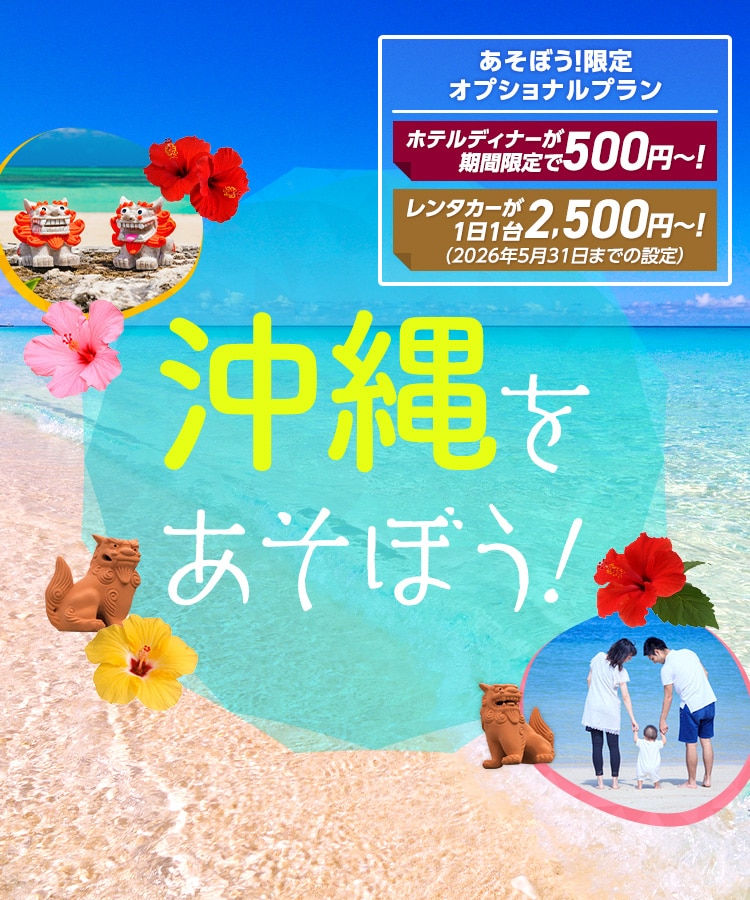 沖縄をあそぼう！　あそぼう！限定オプショナルプラン ホテルディナーが期間限定で500円～！レンタカーが1日1台2,500円～！
