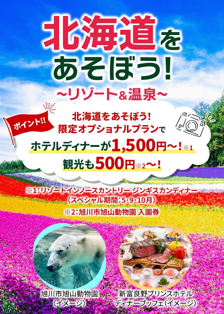 北海道をあそぼう！リゾート＆温泉 ポイント！！北海道をあそぼう！限定オプショナルプランでホテルディナーが1,500円から！※1 観光も500円から※2！※1：リゾートインノースカントリー ジンギスカンディナー（スペシャル期間：5･9･10月） ※2:旭川市旭山動物園 入園券