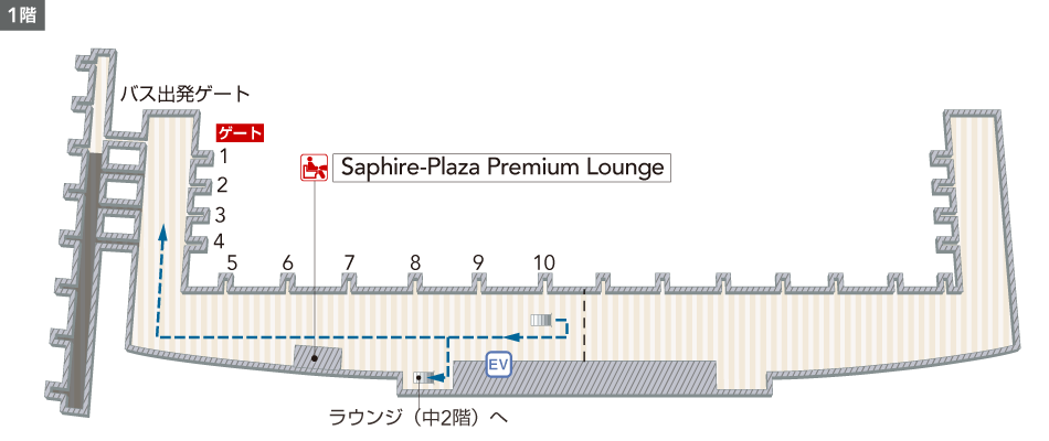1階にはエレベーター、Saphire-Plaza Premium Lounge、バス出発ゲートがあります。