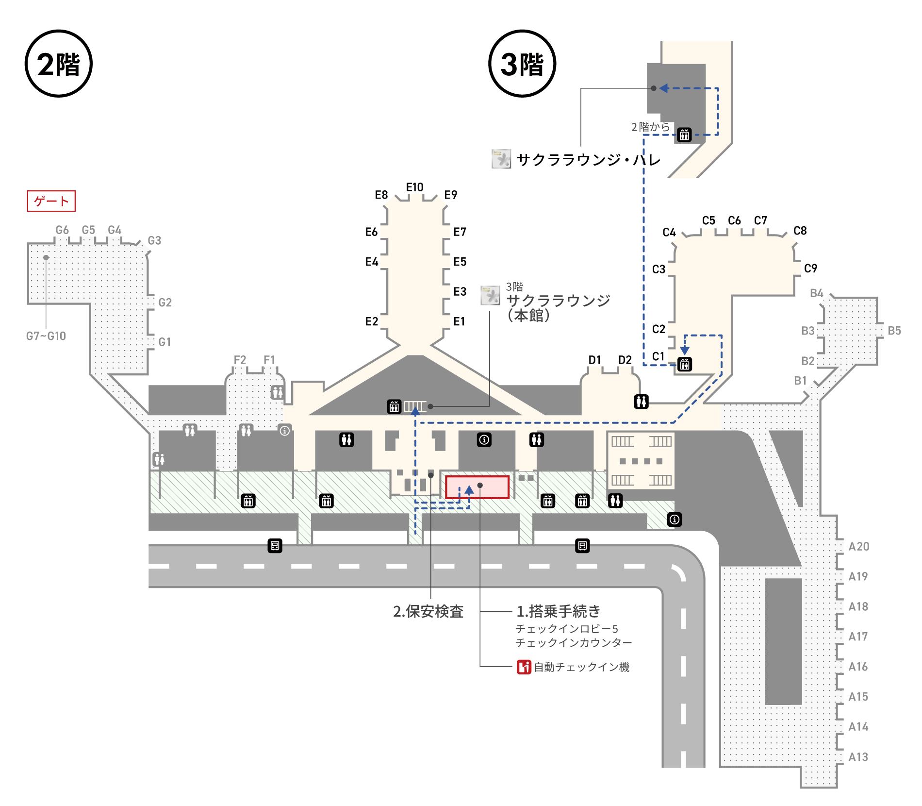 チェックインカウンターEとFは2階にありエレベーターでアクセスできます。チェックイン後は中央にある保安検査場にお進みください。保安検査場通過後、一番近いトイレと両替所は左手にあります。3階サクララウンジへの階段・エスカレーターは保安検査通過後にあります。
