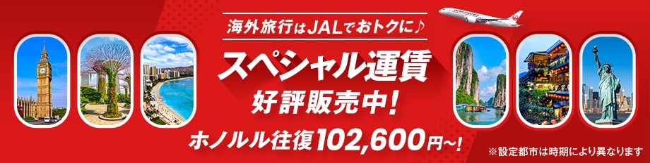 海外旅行はJALでおトクに スペシャル運賃好評販売中！ホノルル往復 102,600円〜！※設定都市は時期により異なります 