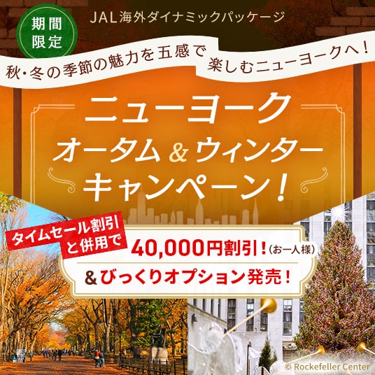 JAL海外ダイナミックパッケージ　期間限定　秋・冬の季節を五感で楽しむニューヨークへ！ ニューヨークオータム＆ウィンターキャンペーン！タイムセール割引と併用で40,000円割引！（お一人様）＆びっくりオプション発売！