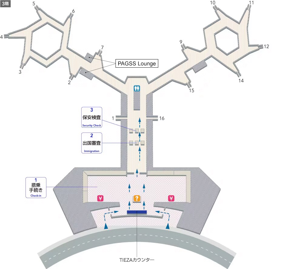 3階搭乗手続きエリアにはTIEZAカウンター、両替所、空港案内があり、搭乗手続きを抜けると出国審査、保安検査、トイレ、PAGSS Loungeがあります。