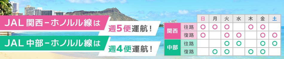 JAL 関西－ホノルル線は週5便運航！ JAL 中部－ホノルル線は週4便運航！