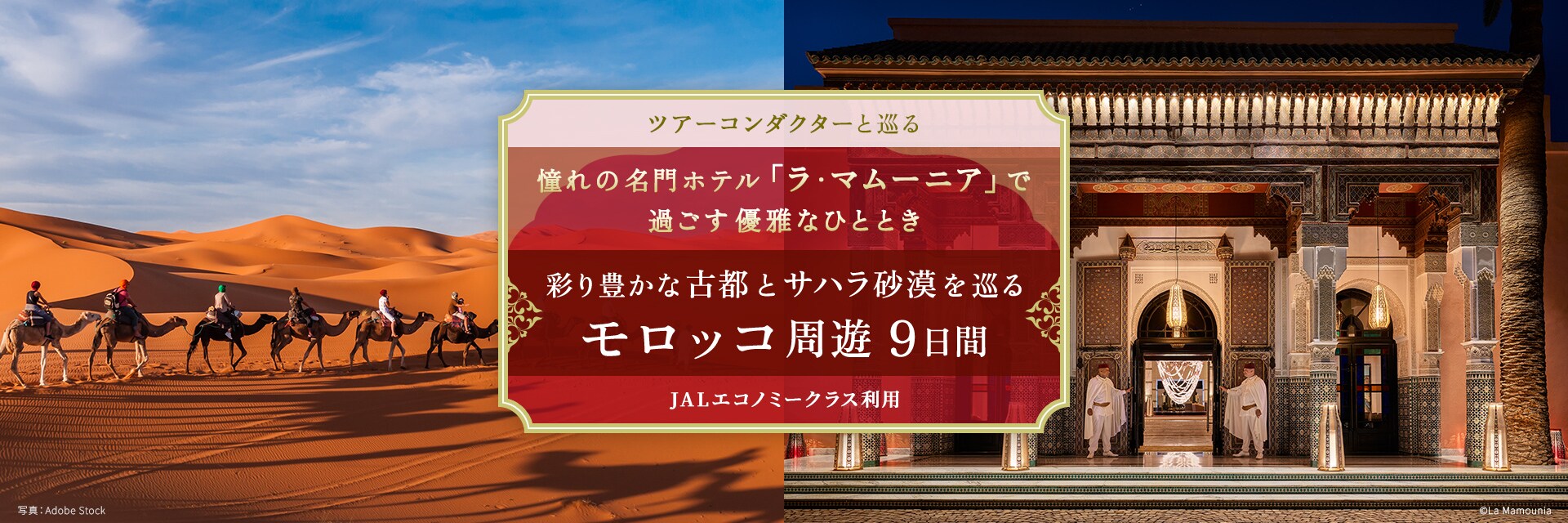 〔ツアーコンダクター（添乗員）と巡る〕憧れの名門ホテル「ラ・マムーニア」で過ごす優雅なひととき 彩り豊かな古都とサハラ砂漠を巡るモロッコ周遊9日間