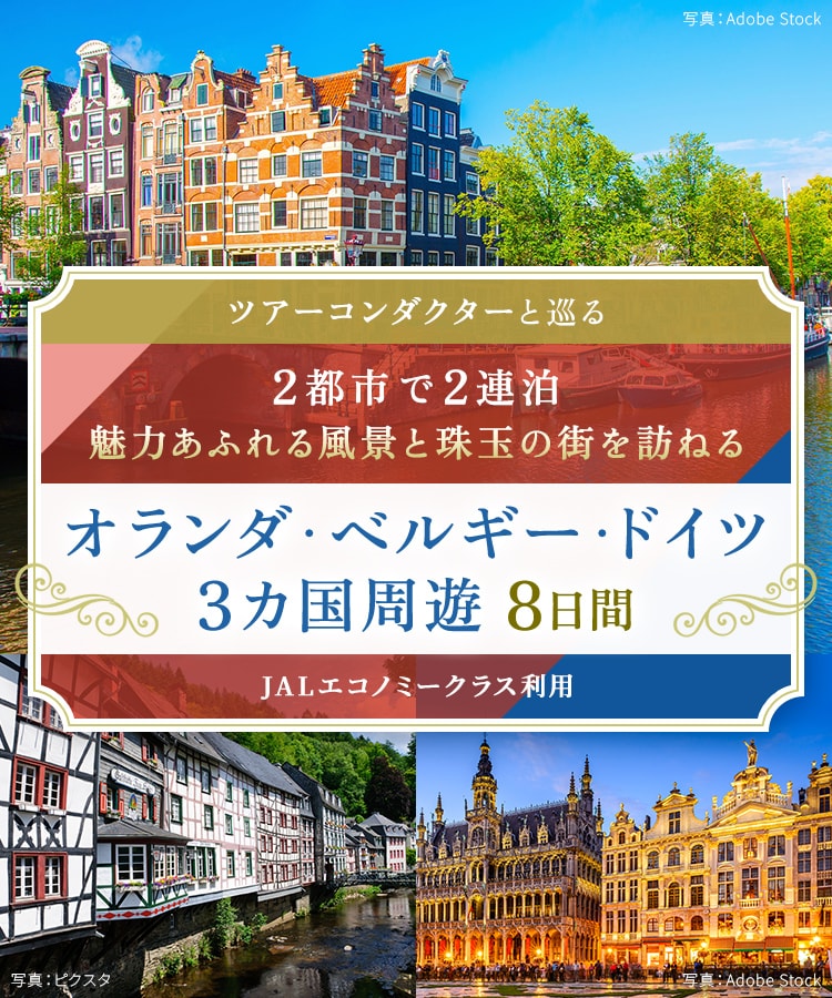 ツアーコンダクター（添乗員）と巡る 2都市で2連泊 魅力あふれる風景と珠玉の街を訪ねる オランダ・ベルギー・ドイツ3カ国周遊 8日間