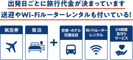 出発日ごとに旅行代金が決まっています到着時の片道送迎やWi-Fiルーターレンタルも付いている！