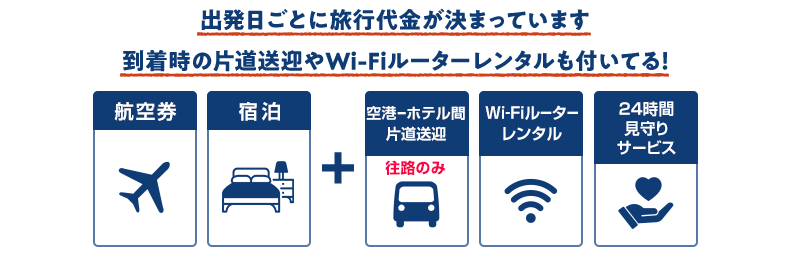 出発日ごとに旅行代金が決まっています到着時の片道送迎やWi-Fiルーターレンタルも付いてる！